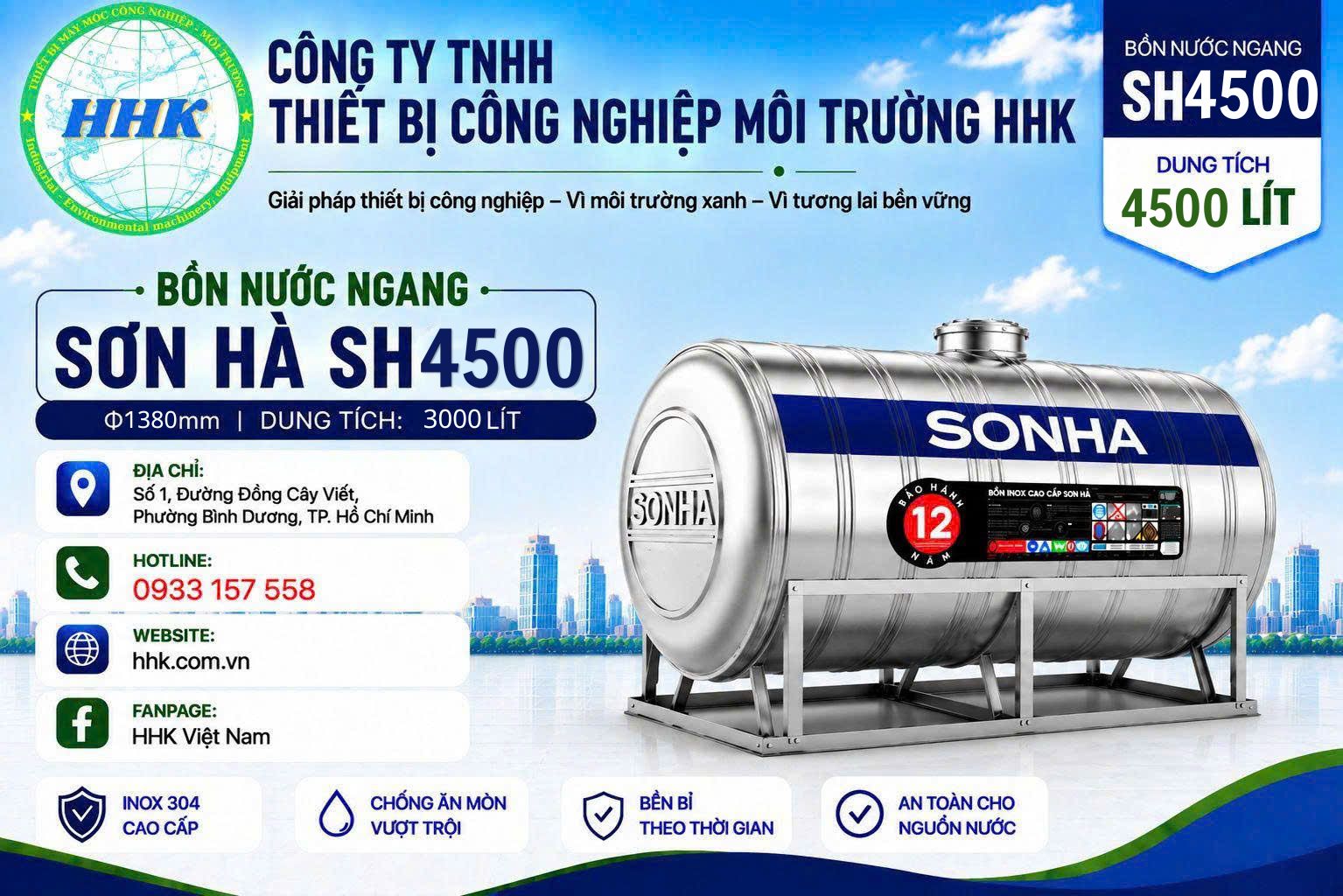Bồn Nước Inox Sơn Hà 4500L Ngang Φ1380 Bồn Nước Inox Sơn Hà 4500L Ngang Φ1380