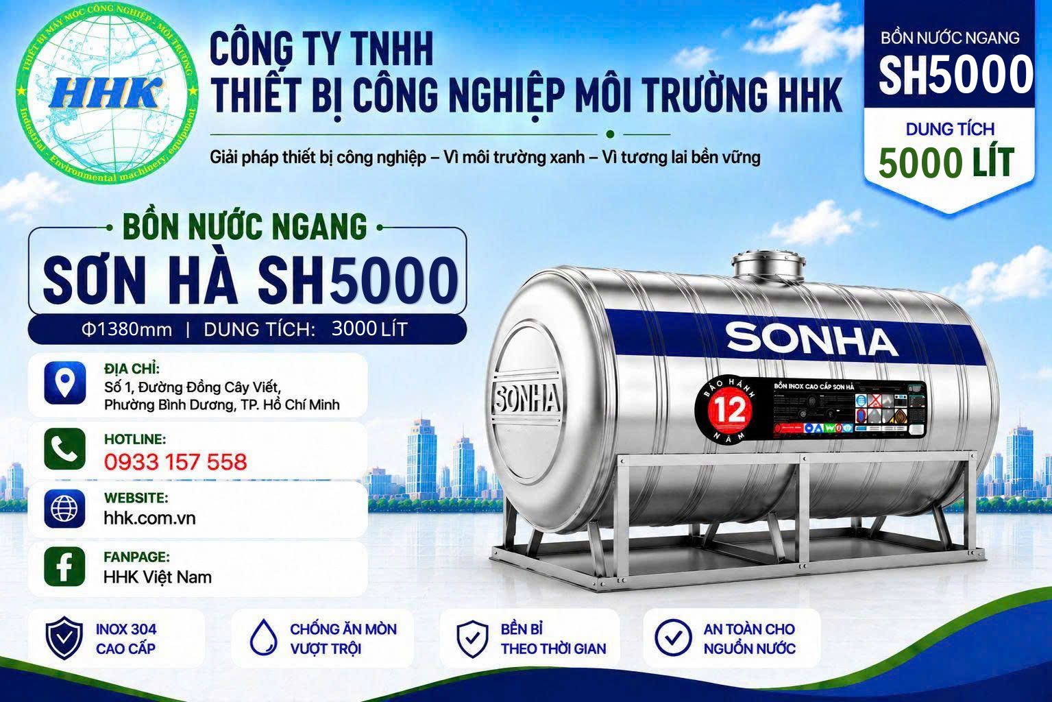 Bồn Nước Inox Sơn Hà 5000L Ngang Φ1380 Bồn Nước Inox Sơn Hà 5000L Ngang Φ1380