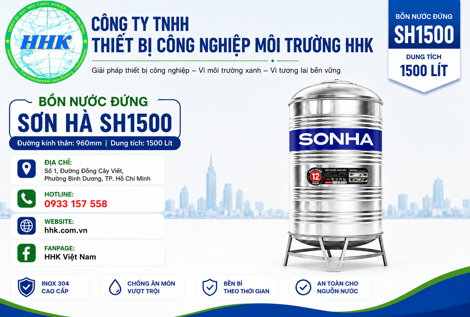Bồn nước inox Sơn Hà 1500L đứng Φ960 Bồn nước inox Sơn Hà 1500L đứng Φ960