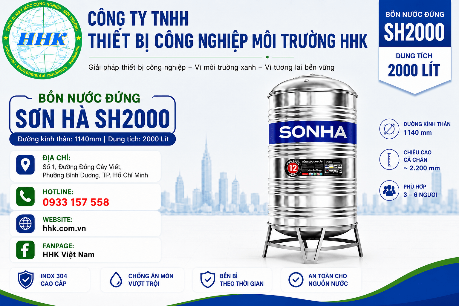 Bồn nước inox Sơn Hà 2000L đứng Φ1140 Bồn nước inox Sơn Hà 2000L đứng Φ1140