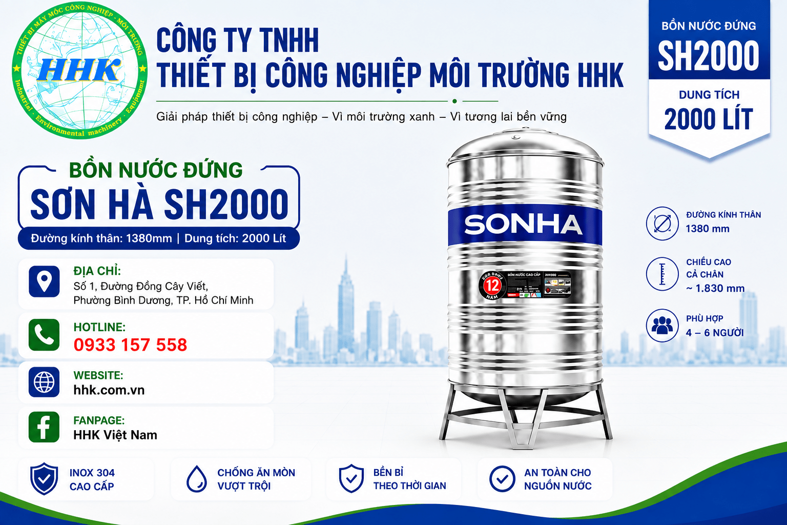 Bồn nước inox Sơn Hà 2000L đứng Φ1380 Bồn nước inox Sơn Hà 2000L đứng Φ1380