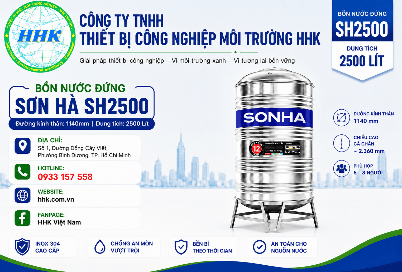 Bồn nước inox Sơn Hà 2500L đứng (Φ1140) Bồn nước inox Sơn Hà 2500L đứng (Φ1140)
