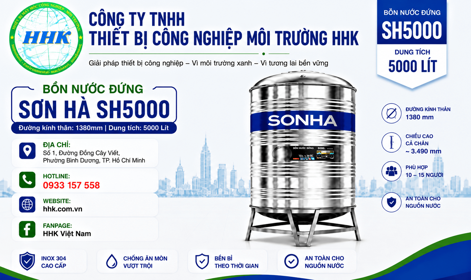 Bồn nước inox Sơn Hà 5000L đứng (Φ1380) Bồn nước inox Sơn Hà 5000L đứng (Φ1380)