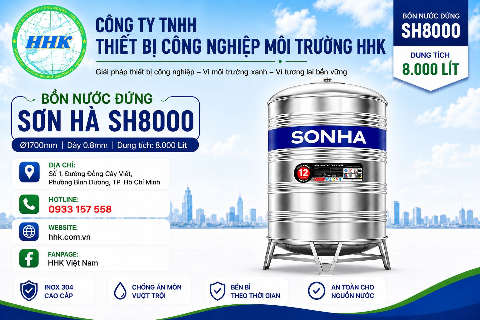 Bồn Nước Sơn Hà 8000L Đứng ∅1700 dày 0.8mm Bồn Nước Sơn Hà 8000L Đứng ∅1700 dày 0.8mm