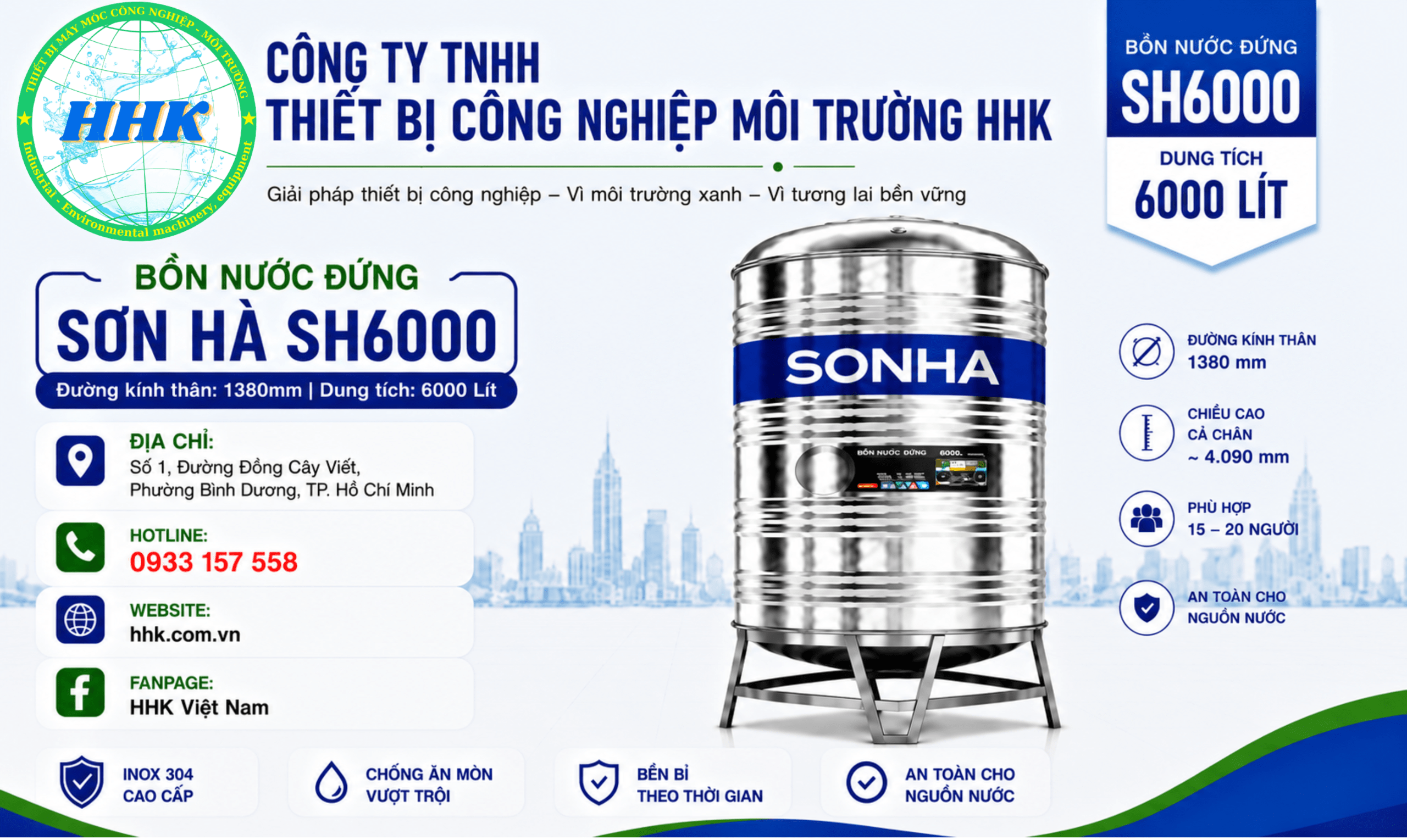 Bồn nước inox Sơn Hà 6000L đứng (Φ1380) Bồn nước inox Sơn Hà 6000L đứng (Φ1380)