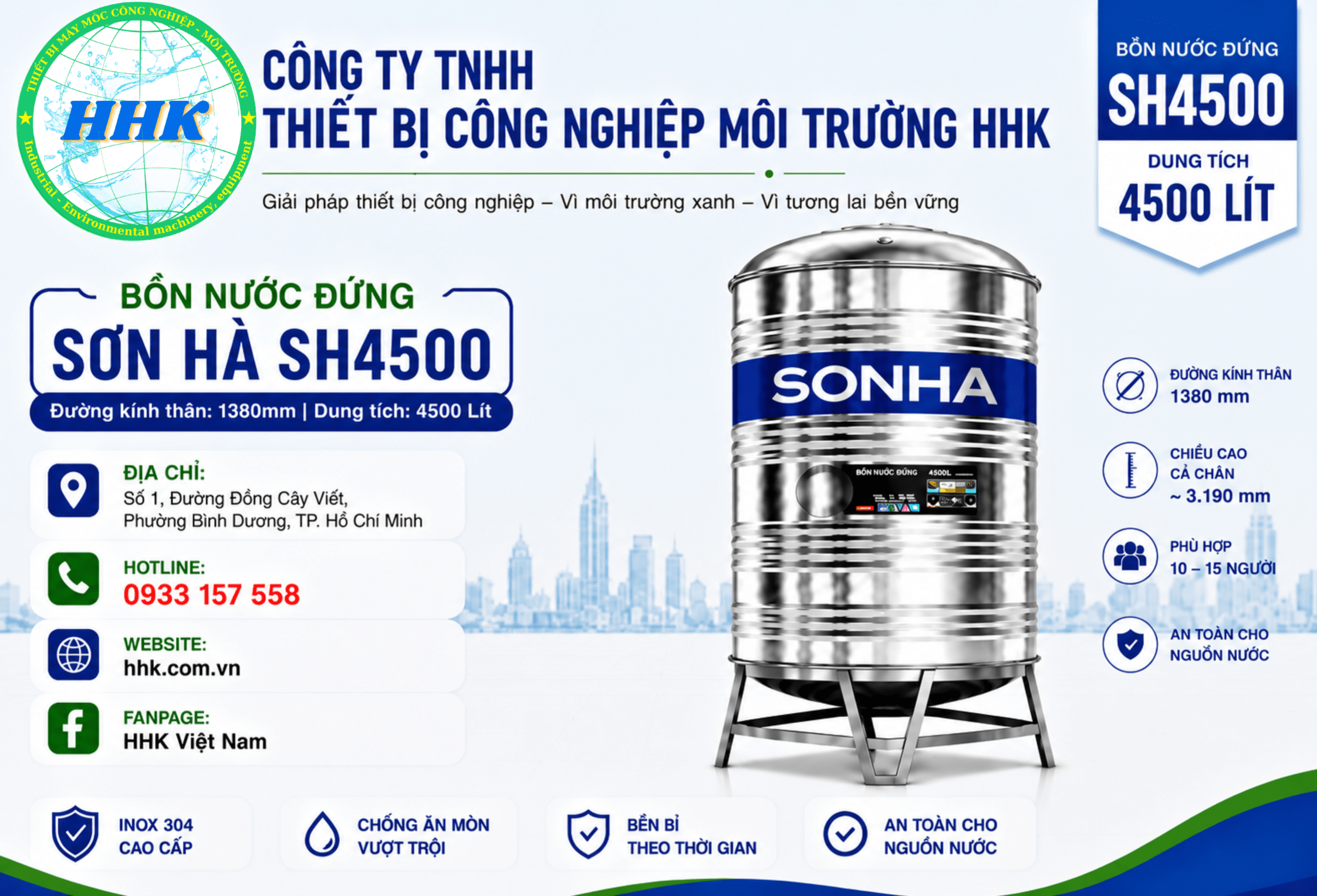 Bồn nước inox Sơn Hà 4500L đứng (Φ1380) Bồn nước inox Sơn Hà 4500L đứng (Φ1380)